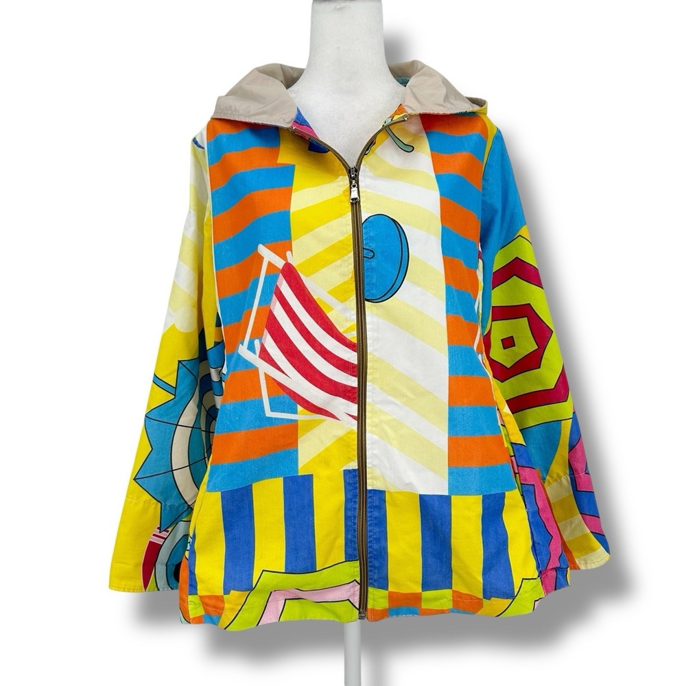 Melania Club Womens Jacket M Colorblock Graphic Zip Hood Italy Art Pop Statement